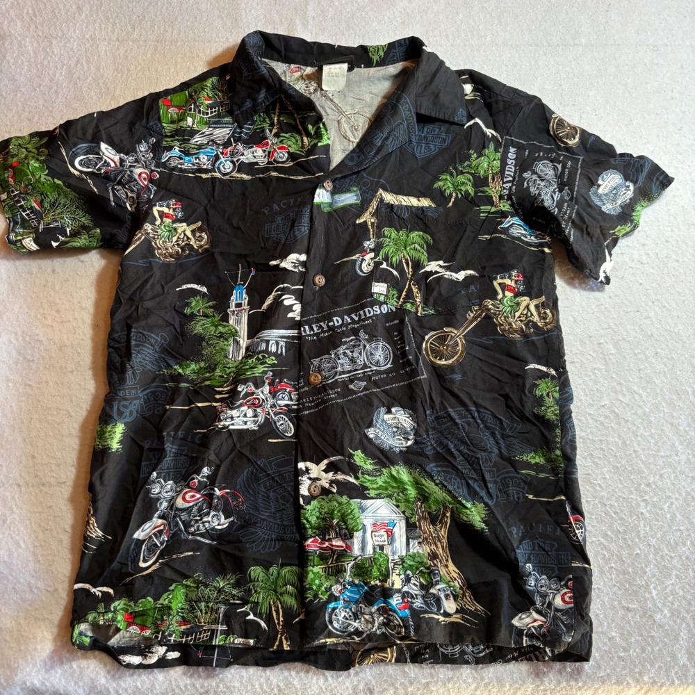 Harley Davidson Boys Hawaiian Button Up Shirt Black Motorcycles Palm Trees Aloha